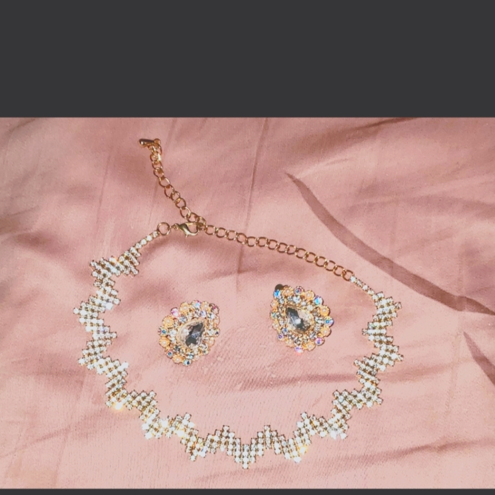 Gold Rhinestone Choker with Earrings
